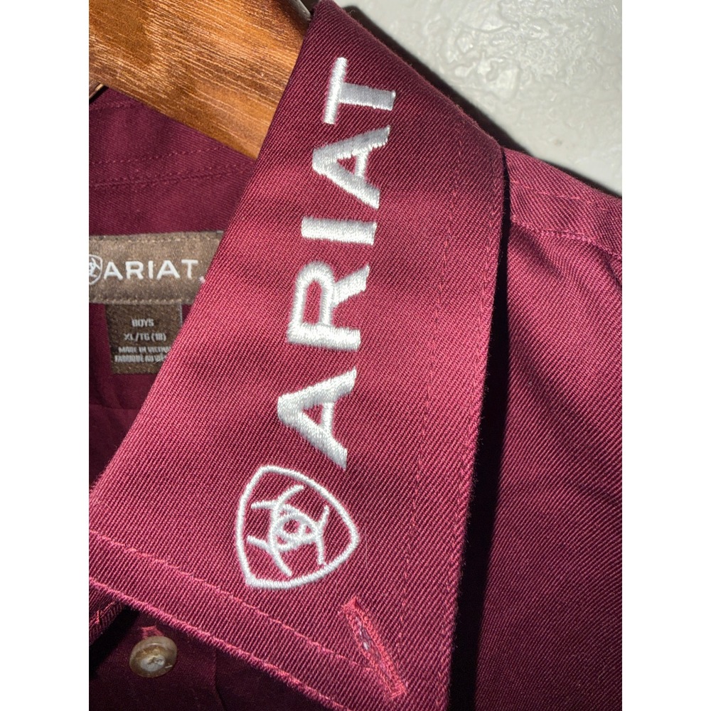 Ariat Boys XL 18 Burgundy Long Sleeve Western Button Shirt Embroidered Logo - Picture 3 of 11